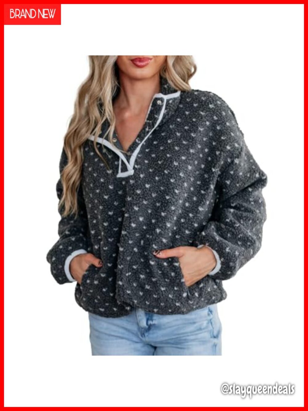 Fleece Jacket Women Long Sleeve Half Button Pullover Sherpa Sweatshirt
